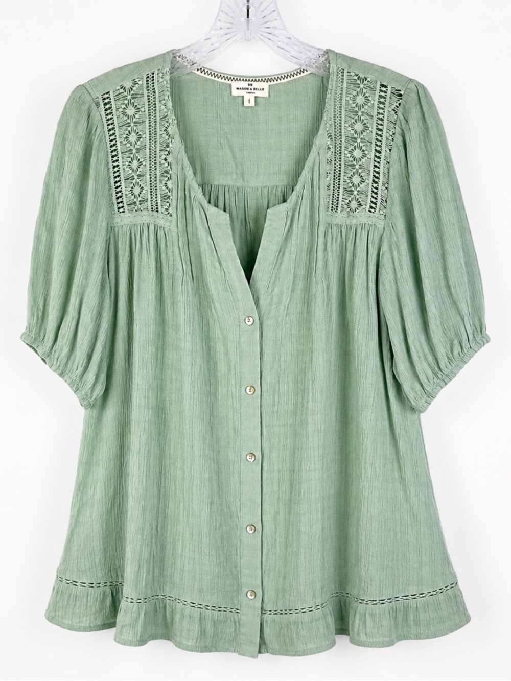 Mason & Belle Sage Green Gauze Blouse Large Boho Lace Trim Peasant Top